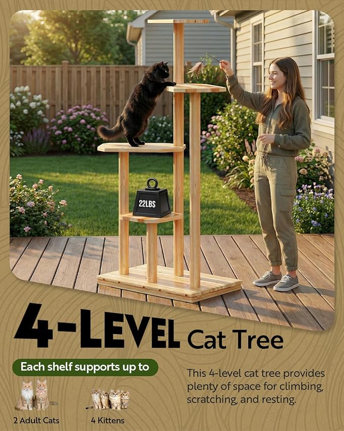 60" Tall Outdoor Cat Tree, Cat Tower Weatherproof for Patio,Garden,Balcony, Durable 4-Tier Natural Wood w/Scratching Posts for Multiple Cats,Outside&Indoor Adult Cats and Kittens Play, Climbing