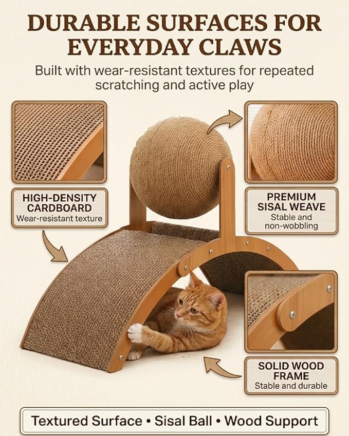 Wobble Ball Cat Scratcher, 2 in 1 Wood Interactive Cat Arch Scratching Ball on Stand with Arched Bridge and 360° Rotating Hanging Sisal Balls for Indoor Cats Kittens(Small)