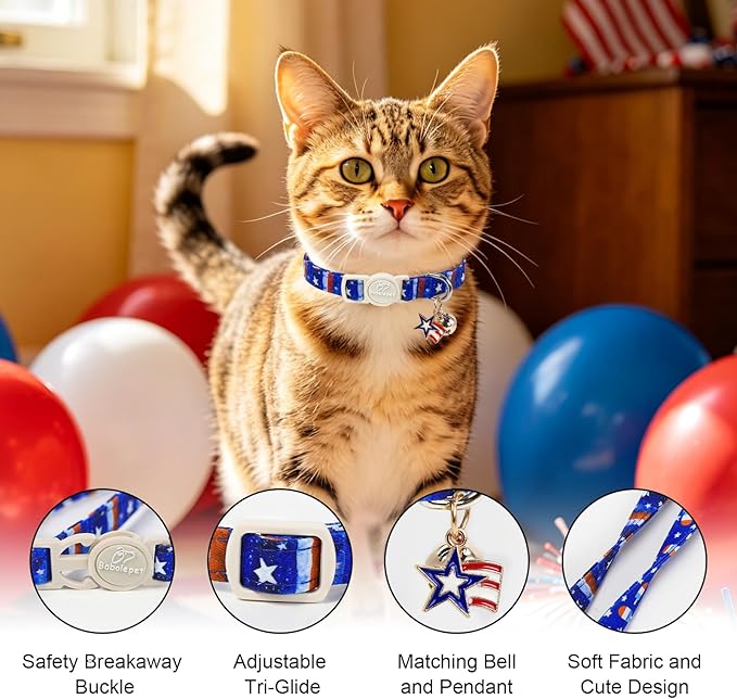 2 Pack 4th of July Cat Collars - Blue Stars & Stripes and Patriotic Popsicle Breakaway Cat Collars, Adjustable Soft Boy Girl Kitten Collar for Small Dogs Puppy with Bell & Pendant