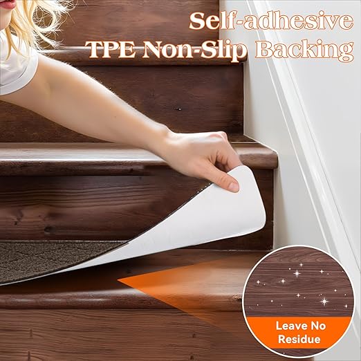 Stair Treads for Wooden Steps 4 PCS - 8’’ x 30’’, Non Slip Stair Runner, Machine Washable Stair Strips for Kids Pets and Elderly, Indoor, for Stairs (Brown)
