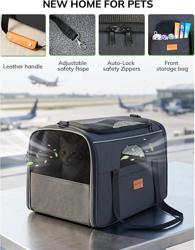 Morpilot Airline Approved Cat Carrier, 16.5" x11" x11" Soft-Sided Pet Travel Carrie with 4-Sided Mesh Ventilation for Cats & Puppies up to 15lbs (Dark Gray)