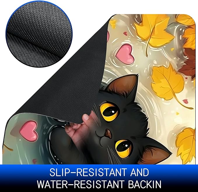 Dog Food Mat, 19.6" x 23.6" Absorbent Pet Feeding Mat for Food and Water, Waterproof Diatom Mud Pet Placemat with Non-Slip Rubber Backing, Cat Bowl Mat for Floors - Maple Leaf Black Cat