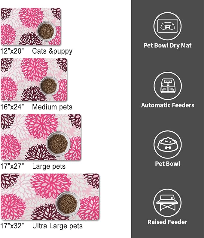 Dog Food Mats for Floors, Absorbent and Quick-Drying Pet Cat Food Mat,Anti-Fouling and Easy-to-Clean Pet Feeding Mat,Dog Bowl Mat for Messy Drinking Water Bowls.17x32, Bohemia Dahlia Floral Style