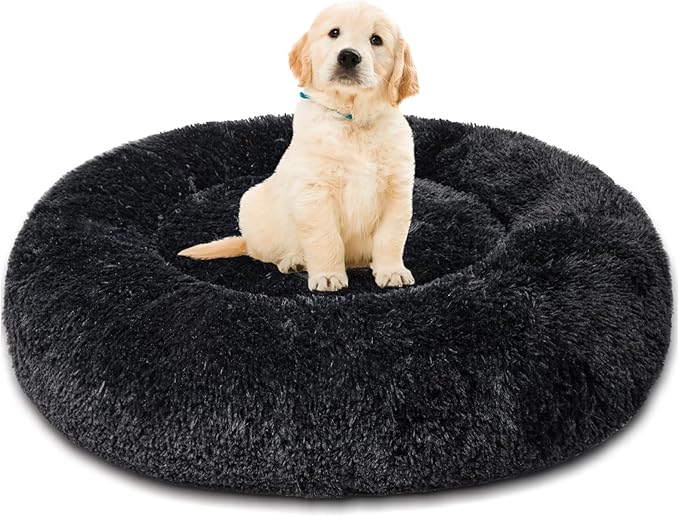 Patas Lague Calming Dog Bed for Medium Dogs, Fluffy Soft Cozy Cat Bed, Faux Fur Anti-Anxiety Plush Washable Pet Donut Cuddler for All Seasons 24IN, Black