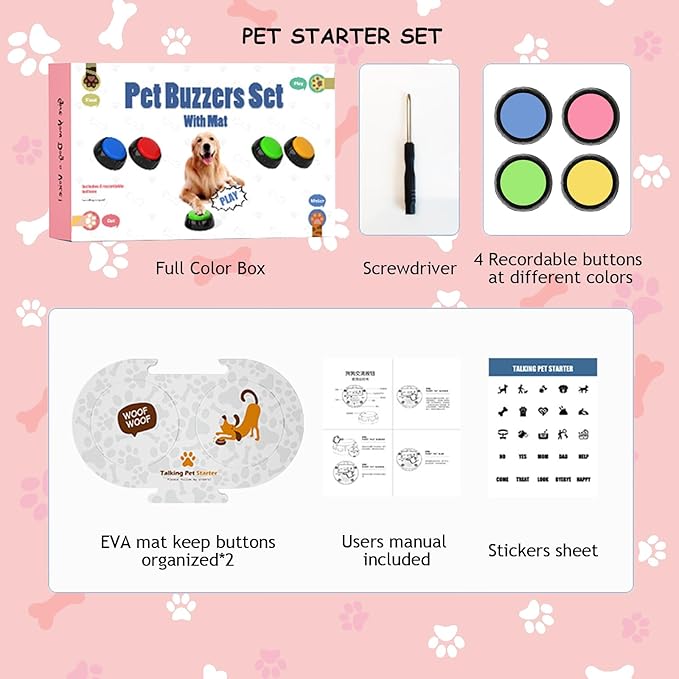Dog Buttons for Communication, 4 PCS Talking Button for Cats and Dogs, 30 Second Voice Recordable Pet Training Buzzer with Waterproof Mat 25 Scene Stickers