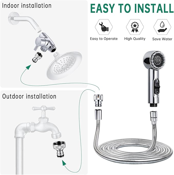 3 Mode Dog Shower Attachment, High Pressure Handheld Sprayer with ON/OFF Switch, Metal Diverter and 3/4" GHT and 1/2" NPT Quick Disconnect Adapter for Outdoor and Indoor Pet Bathing