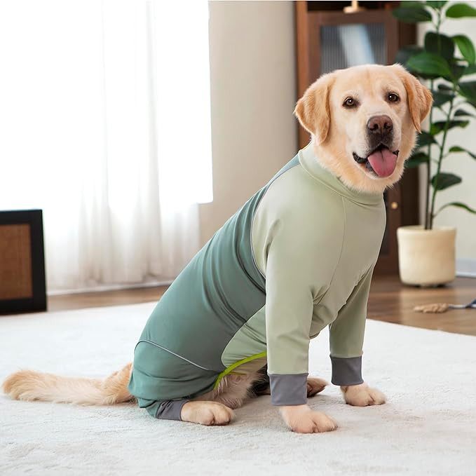 Dog Onesie Coat - Water-Repellent & Stretchable, Dirt-Resistant Outdoor Puppy Suit with Reflective Strips | Controls Shedding | for Small, Medium, Large Dogs (Olive Green, 5XL(Weight 65-88 lbs))