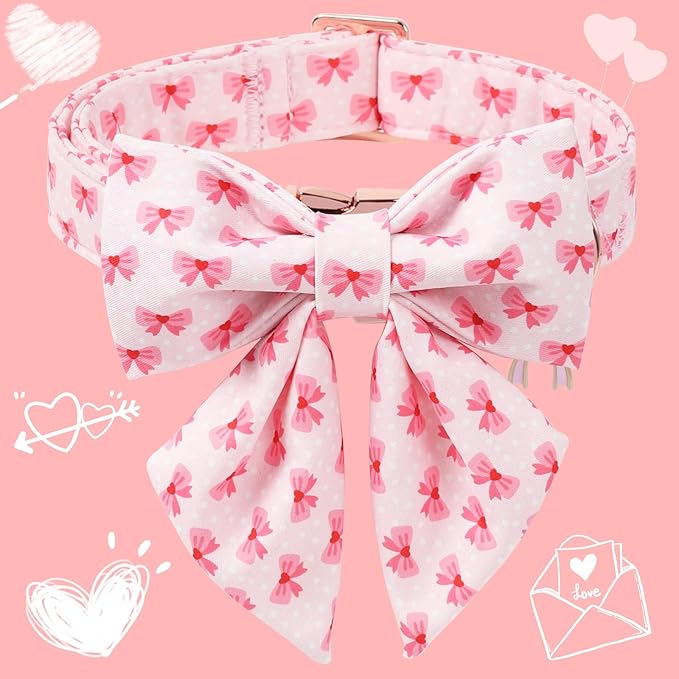 DOGWONG Valentine Dog Collar with Bow, Metal Buckle Adjustable Pink Bowtie Cute Girl Dogs Collars Pet Valentine Collars for Large Dogs, L