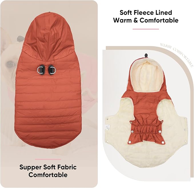 Vecomfy Fleece Lining Dog Hoodie with Harness Built in,Extra Warm Small Dog Jacket in Winter Puppy Coats with Drawstring Hooded,Orange M