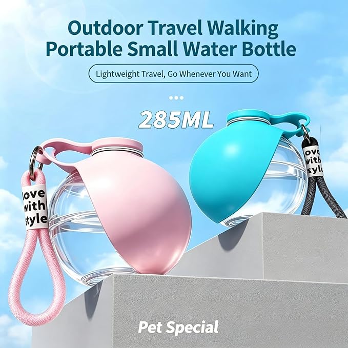 Portable Dog Water Bottle, 10 fl oz Food-Grade PET Plastic Bottle & Silicone Bowl, Leak-Proof & Compact Puppy Travel Water Bottle with Lanyard, Water Dispenser for Walking Hiking, Unprinted, Pink