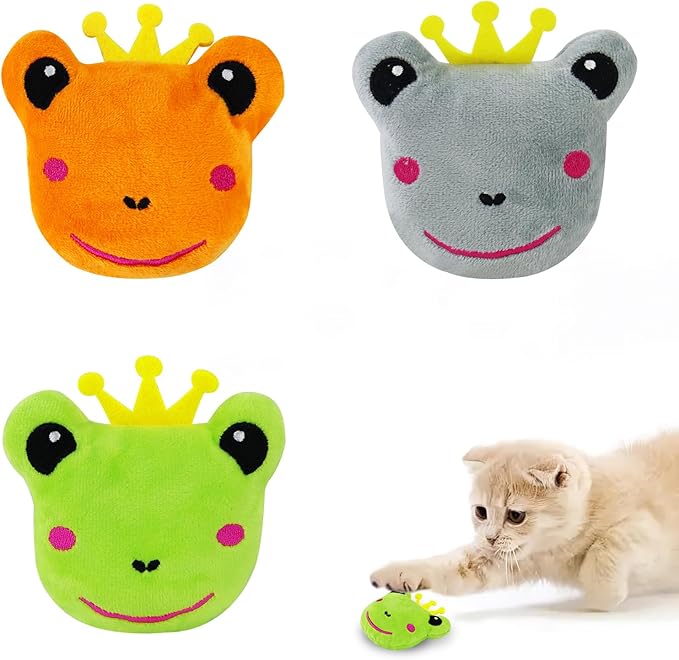 Andiker Cat Catnip Toys, 3Pcs Cat Interactive Toys for Indoor Cats, Soft Plush Kitten Chew Toys with Crinkle Paper for Relieve Stress, Reduce Boredom, Teething (Frog)