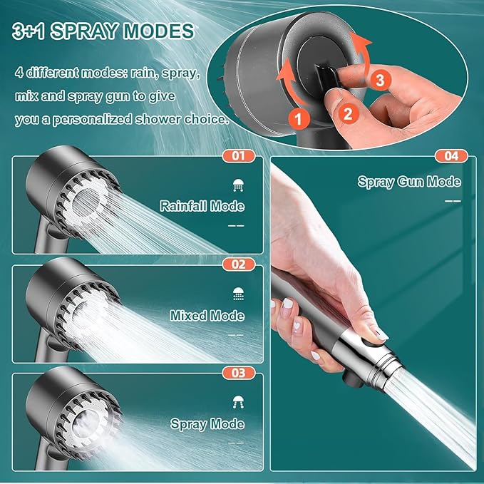 High Pressure Shower Head, 4 Spray Mode High Pressure Filtered Showerhead with 59 Inch Hose and Holder, Massage Handheld Shower Head and Hose Set with Pause Switch for Pets Bath-Remove Chlorine (Gray)