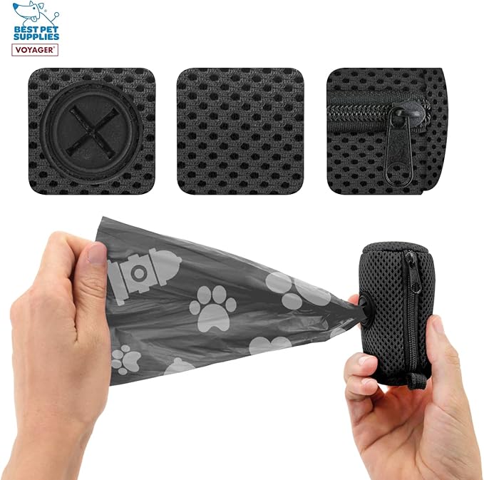 Best Pet Supplies Dog Poop Bag Holder Leash Attachment with 15 Bags, Black, Reusable Mesh Dispenser Pouch for Travel, Walking, Park, and Outdoor Use, Soft and Durable with Clip-On