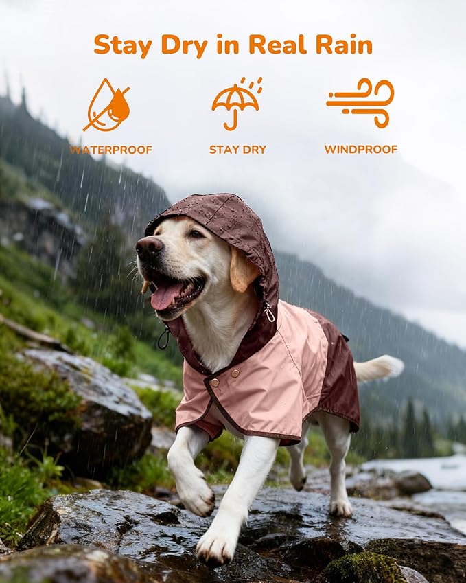 Waterproof Dog Raincoat with Hood, Extended Coverage Rain Jacket for Large Dogs, Wind-Resistant Secure Fit with Leg Straps, Reflective, Leash Hole, Easy Hook & Loop Fastener On/Off, Pink, XL