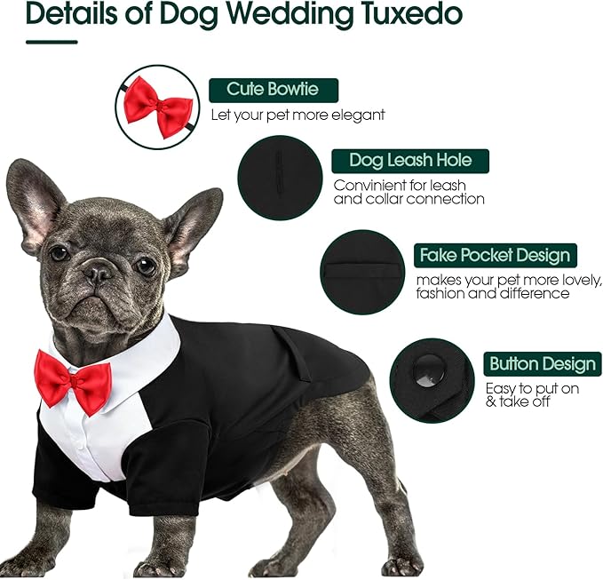 Kuoser Dog Tuxedo and Bandana Set, Dog Wedding Suit with Bow Tie, Formal Pet Tux Party Birthday Costume Shirt for Small Medium Large Dogs, Puppy Prince Attire Outfit for Halloween Valentines Christmas