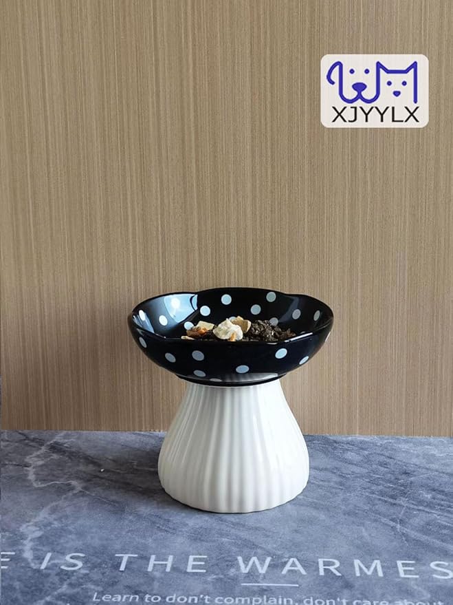 Mushroom Elevated Cat Bowls Ceramic, Raised Cat Bowl for Indoor Cats, Cute Cat Bowls Whisker Fatigue, Raised Dog Bowls Stand for Food and Water, Black 6" Wide for Adult Cats