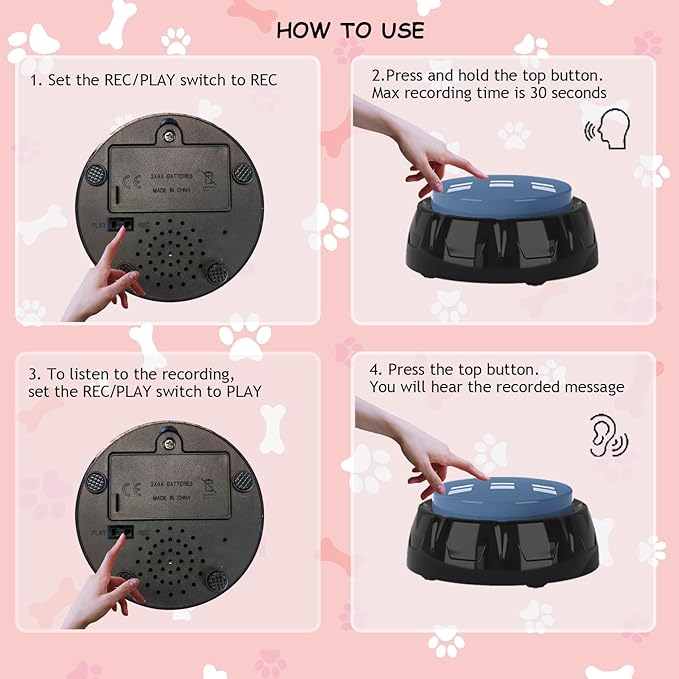 Dog Buttons for Communication, 4 PCS Talking Button for Cats and Dogs, 30 Second Voice Recordable Pet Training Buzzer with Waterproof Mat 25 Scene Stickers