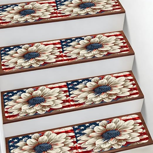 American Flag Flower Stair Treads for Wooden Steps Indoor Washable Staircase Carpet 10PCS 30"x7.8" Stair Step Treads Non-Slip Staircase Covers Peel and Stick Safety Mat for Kids Elders Pets