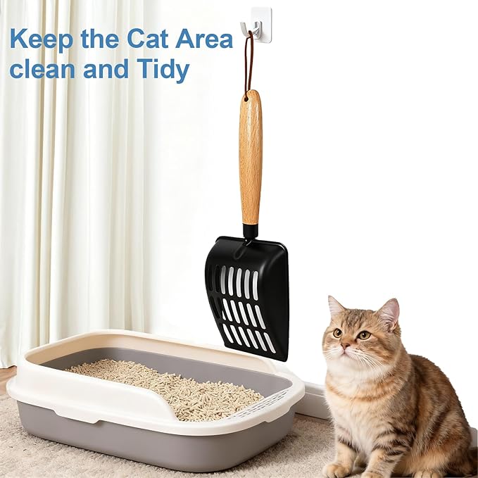 Cat Litter Scoop, Metal Litter Scoop, Heavy Duty Metal Cat Scooper for Litter Box, Black Sifter Scoop for Pellets, Wooden Handle Scoop with Hole, Kitty Necessity (Cat Litter Scoop Long)
