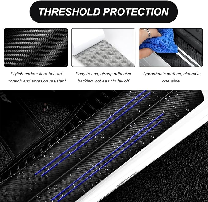 4 PCS Car Door Sill Protector, Waterproof Carbon Fiber Style Car Door Entry Guard Sill Protector, Anti-Scratch Door Threshold Strips Stickers for Most Vehicles, Car Accessories (Blue-4pcs)
