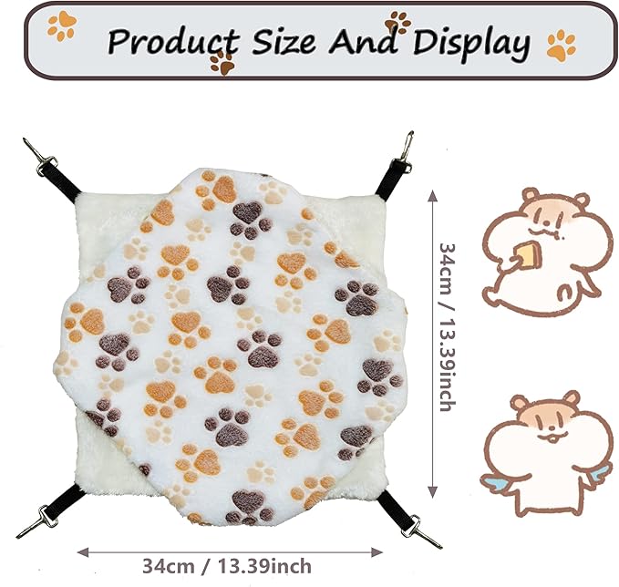 Guinea Pig Ferret Hammock for Cage - Machine Washable Double-Decker Hanging Bed - Fits Sugar Glider,Fancy Rat,Hamster,Gerbil - 13.3" x 13.3" - White-Footprints Pattern