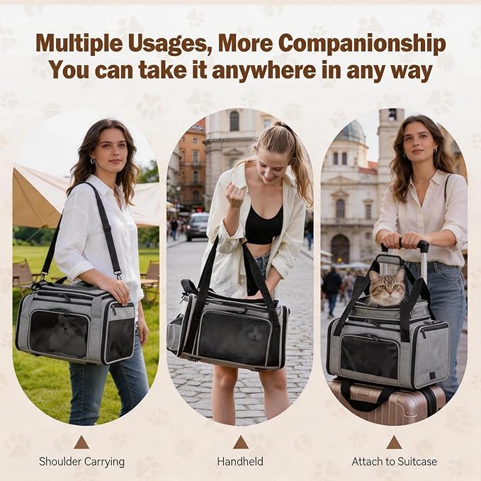 Cat Carrier Soft Sided, Expandable Pet Carrier for Medium Small Pets, Collapsible Travel Carrier with Hard Shell, 360° Panoramic Mesh, Washable Waterproof Pad | – 17.3×13.8×9.4 (Gray)
