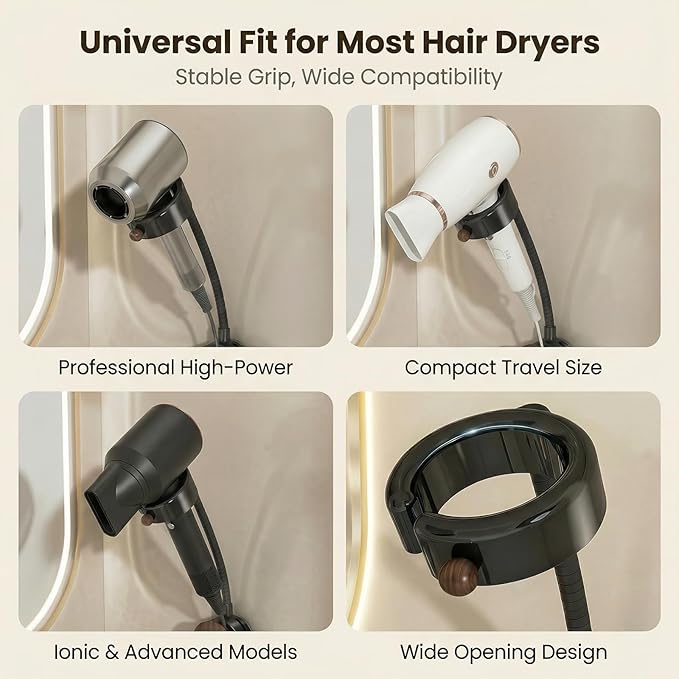 CTESNE【360° Rotating&No Drill Installation】Hands Free Hair Dryer Holder Wall Mount,Adjustable Height Suction Cup Blow Dryer Holder, Damage-Free Wall, with Cord Storage for Most Hair Dryers