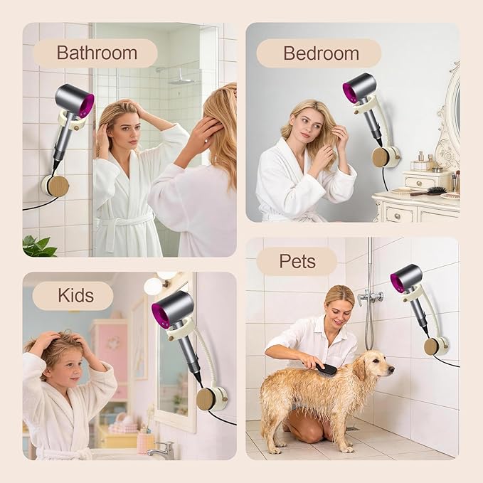 Hands Free Hair Dryer Holder Wall Mount, 360° Rotating Adjustable Height Suction Cup Blow Dryer Holder, No Drill Installation, Damage-Free Wall, with Cord Storage for Most Hair Dryers（Cream）