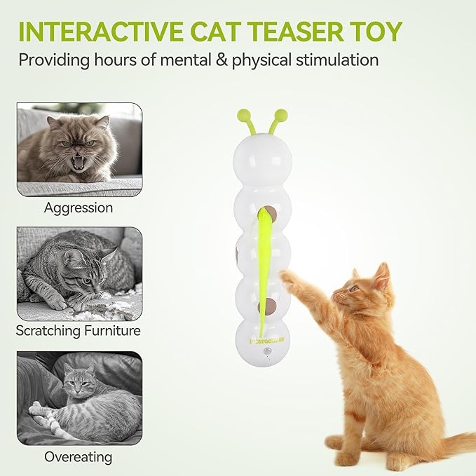 ALL FOR PAWS Interactive Cat Toy for Indoor Cats, Automatic Motion Activated Fluffy Tail Cat Toy, Electric Teaser Wand for Kittens & Bored Cats, USB Rechargeable Caterpillar Toy with Suction Cup