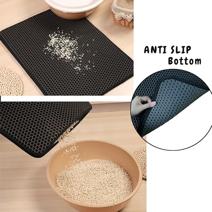 Cat Litter Mat, Honeycomb Double Layer Litter Trapping Mat, 18" x 24" Kitten Litter Box Pad, Waterproof Urine Proof, Washable Easy Clean (Grey)