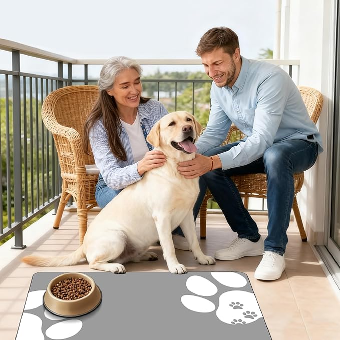 Dog Feeding Mat Top Paw Dog Bowl Mat Grey Footprint Pattern Cute Rectangle Diatomaceous Earth Absorbent Quick Dry Cat Pet Placemat Protect Floors for Food and Water Supplies 20 x 12 Inch