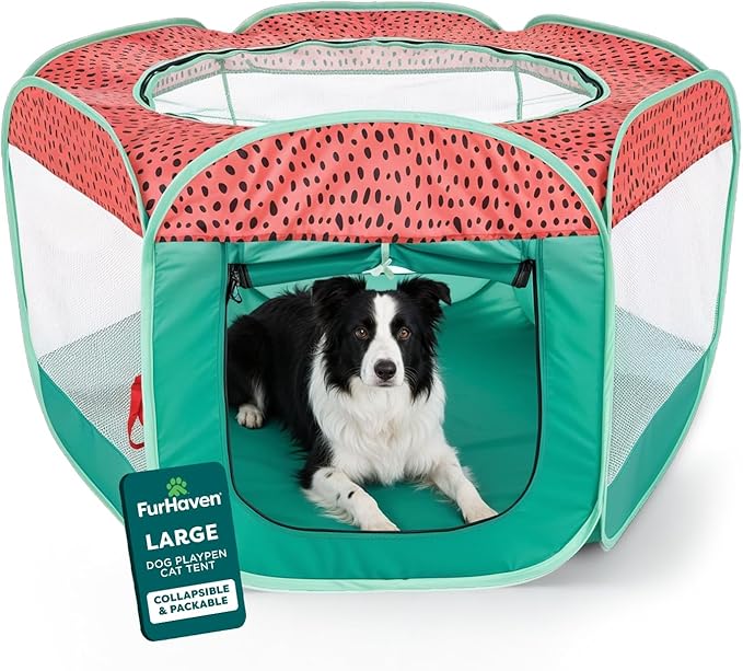 FurHaven Soft-Sided Dog & Cat Playpen, Portable Foldable Indoor & Outdoor Pet Playpen with Mesh Windows & Zippered Door, Green & Pink, Large