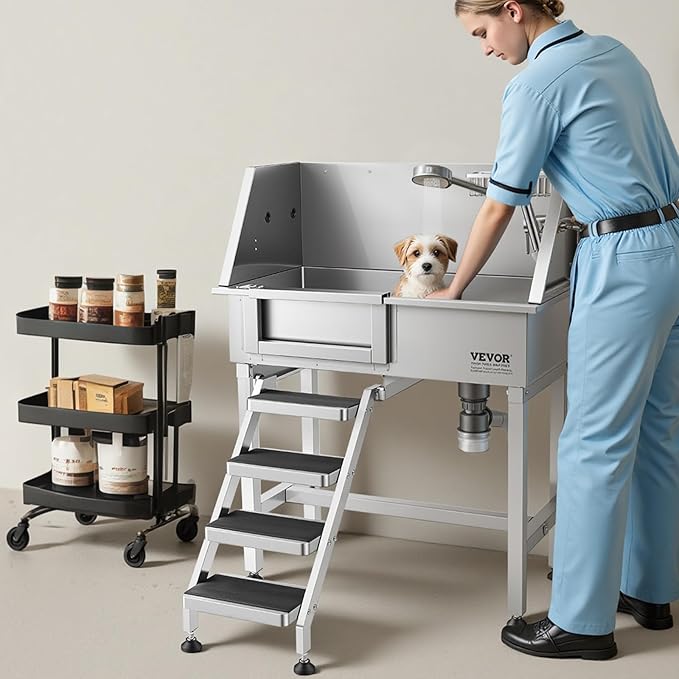 VEVOR 34" Dog Washing Station Professional Stainless Steel Pet Grooming Tub Bathtub Dog Wash Sink with Shower Faucet Soap Holder Non-Slip Stairs Easy-Clean for Small Dogs Cats Left Door