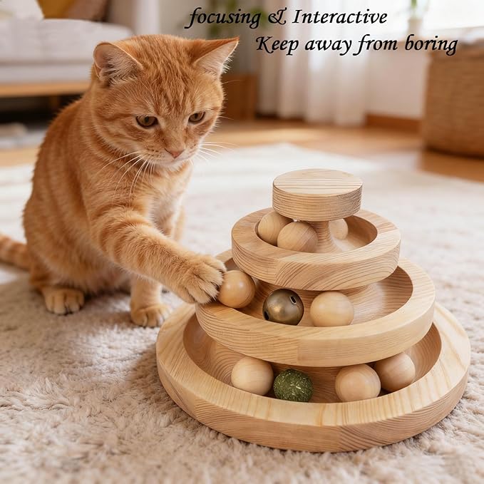 Solid Wood Cat Ball Track,Heavy Duty 3-Tier Interactive Cat Toy Tower with 9 Removable Balls,Bell & Catnip,No Assembly Required,Anti-Tip Sturdy Base for Indoor Cats, Kittens & Large Cats