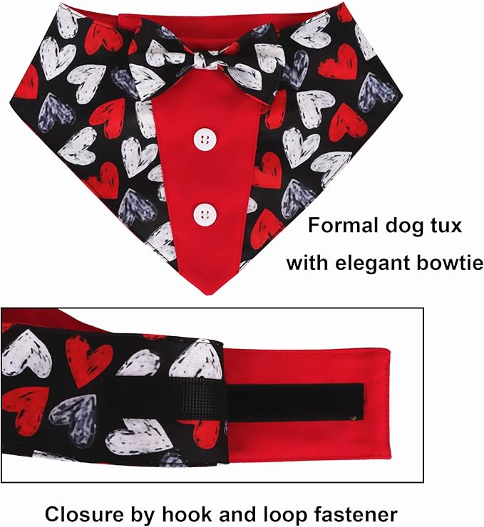 ADOGGYGO Valentine Dog Tuxedo, Red Black Heart Pet Bowtie Collar, Adjustable Valentine Bandana for Large Dogs (L)