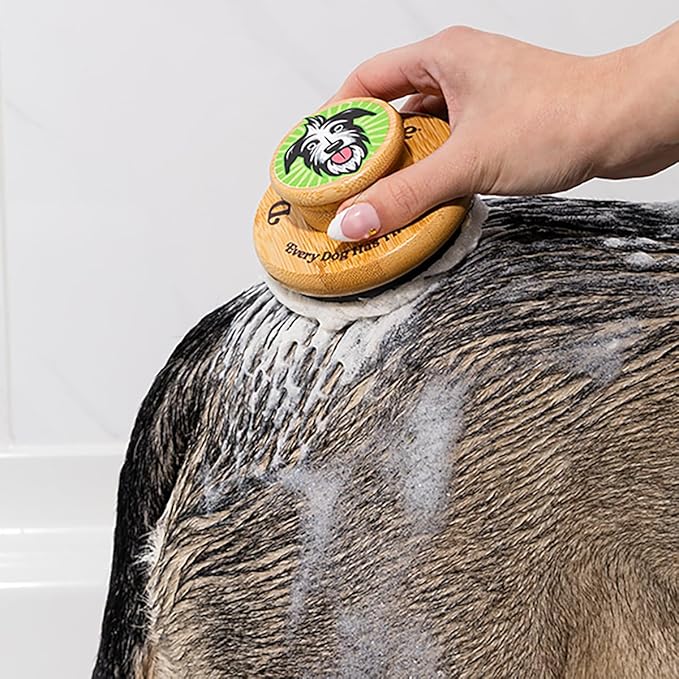 Doggy Style Large Dog Bath Brush, Bamboo Handle with Soft Silicone Bristles, Shampoo Scrubber for Shedding, Bathing & Massage, Eco-Friendly Grooming Tool for Medium and Large Breeds