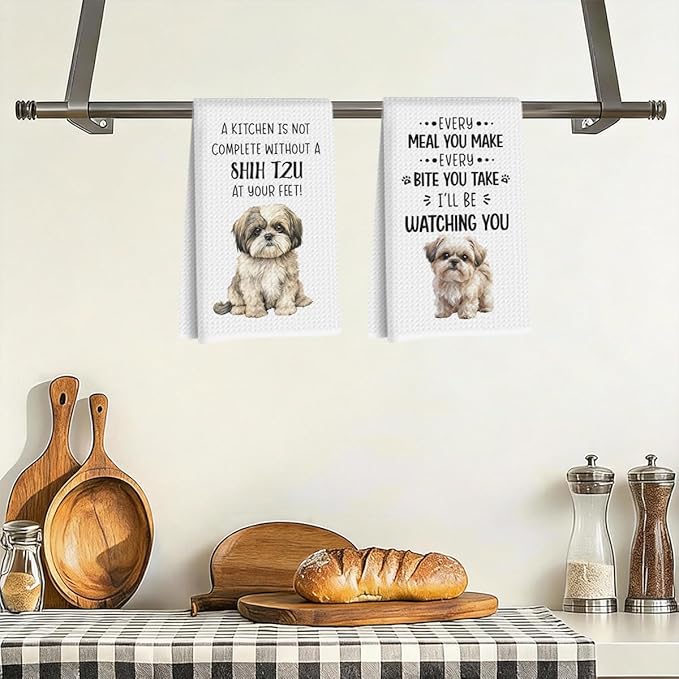 2Pcs Shih Tzu Accessories Kitchen Towels 24x14 Inch, Shih Tzu Gifts for Woman Mom, Reusable Waffle Weave Microfiber Absorbent Hand Tea Dish Towels for Kitchen Bathroom Decor, Dog Lovers Gifts