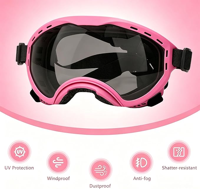 Dog Goggles for Medium to Large Breeds, UV Protection Dog Sunglasses with PC Lens, Soft TPU Frame and Adjustable Straps, Windproof Dustproof Anti-Fog Pet Eyewear for Outdoor Activities (Pink Frame)