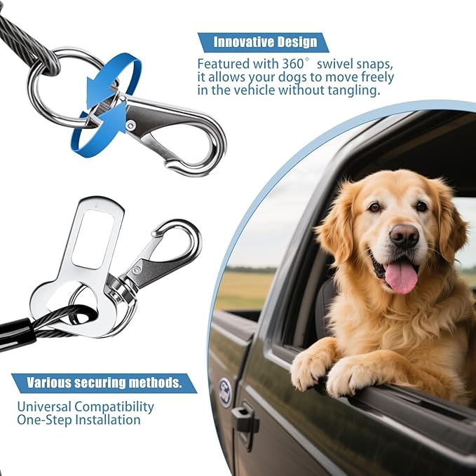 2-in-1 Dog Seat Belt for Car, Chew Proof Pet Safety Belt for Dog, Heavy Duty Dog Car Harness Restraint, Waterproof Coated Steel Wire Dog Leash (Black*2, 16inch/40 CM)