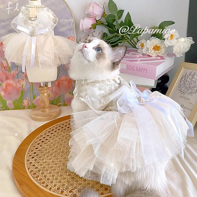 ANIAC Embroidered Dog Dress for Small Dog,Girl Puppy Princess Tutu Dress with Leash Ring,Cat Apparel,Chihuahua Yorkie Clothes for Birthday Wedding (Large, Champagne)