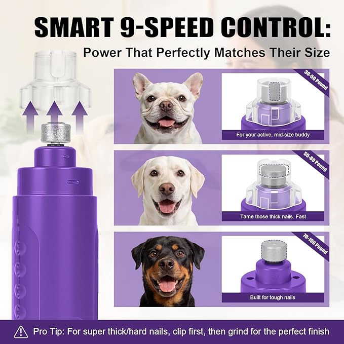 Dog Nail Grinder, 9-Speed Professional Quiet Electric Trimmer for Large Medium Dogs, with Quick Sensor Guard, 2 LED Lights, 2000mAh USB Rechargeable (Purple)