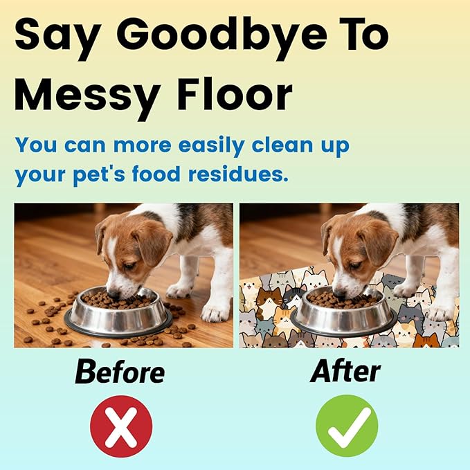 Cute Cat Food Mat 20 x 12 Inch Cartoon Pattern Non Slip Design, Pet Feeding Mat Absorbent Quick Dry Washable Rectangle Bowl Placemat Rug Protect Floors for Cat Dog Food Water Area Home Use
