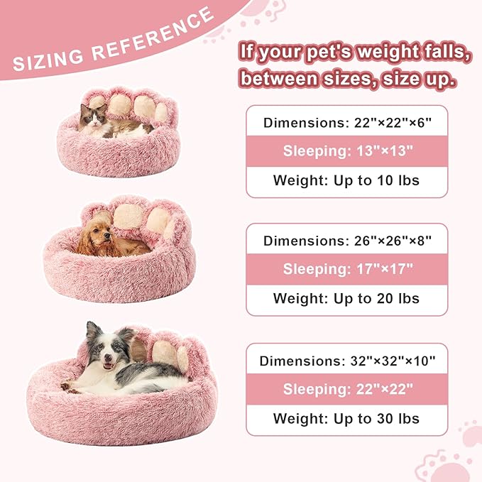 Jiupety Paw Shape Calming Pet Bed, Medium Plush Faux Fur Donut Bed for Dogs & Cats, Machine Washable, Non-Slip Bottom, Extra Large Size (32"×32"×10"), Pink