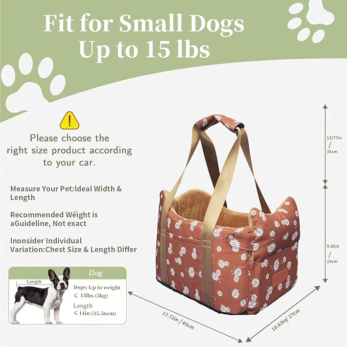Dog Center Console Car Seat – Small Dog Booster Seat, Portable Armrest Car Travel with Anti-Collapse Design, Washable Fluffy Cushion & Pillow, Up to 15 lbs (Coffee Color)