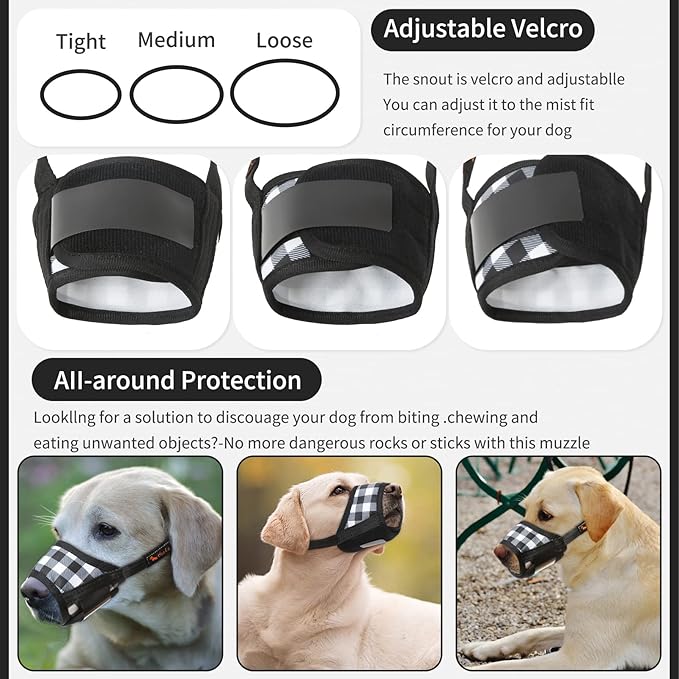 HEELE Dog Muzzle,Soft Nylon Muzzle Anti Biting Barking Chewing,Air Mesh Breathable Drinkable Adjustable Loop Pets Muzzle for Small Medium Large Dogs 4 Colors 4 Sizes (P-Black White Plaid, XS)