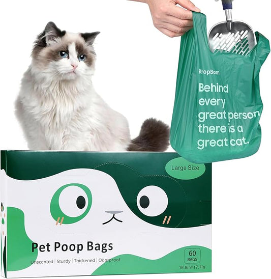 60 Count Cat Poop Bags Large Pet Waste Sacks with Handles, Disposable Litter Bags for Pet Poop, Extra-Thick Waste Bags Easy Tie Leak-Proof Strengthen Unscented