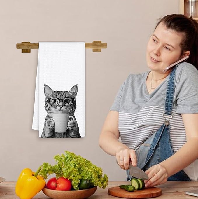 Funny Coffee Cat Kitchen Towels, Cat Lovers Mom Lady Gifts Dish Tea Towel for Kitchen Coffee Bar Station Decor, Kitten Pet Lover Gifts Hand Towels, 16x24 Inch