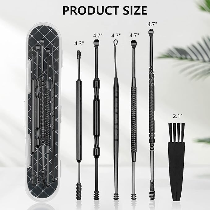 Hion 6 Pcs Ear Wax Removal Kit,Professional Double-Headed Ear Pick Earwax Removal Tools,316L Stainless Steel Ear Cleaner Curette with Cleaning Brush and Storage Box,Suit for Kid Adult(Black)