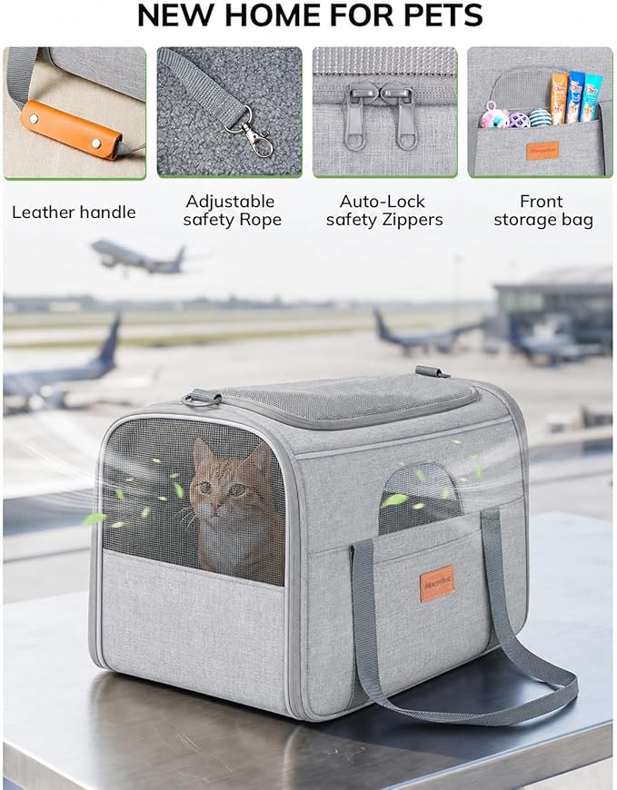 Morpilot Airline Approved Cat Carrier, 16.5" x11" x11" Soft-Sided Pet Travel Carrie with 4-Sided Mesh Ventilation for Cats & Puppies up to 15lbs (Light Gray)