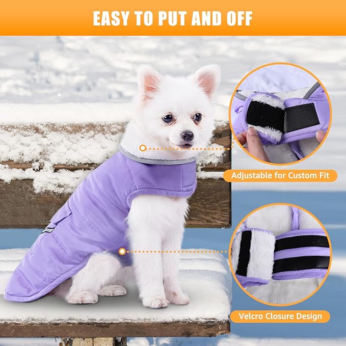 Dog Winter Coat for Medium Dogs, Easy on Dog Fleece Snow Coat Velcro Waterproof Pet Puffer Jacket with Harness Hole Adjustable Reflective Quilted Pet Cold Weather Vest Wind-poof for Girl Female